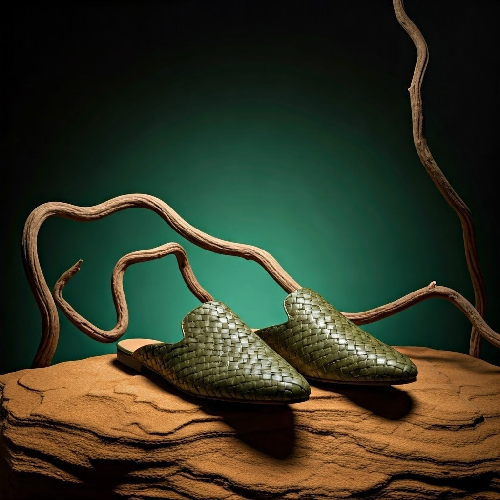 two woven brown leather sandals on a natural wood branch against a green background