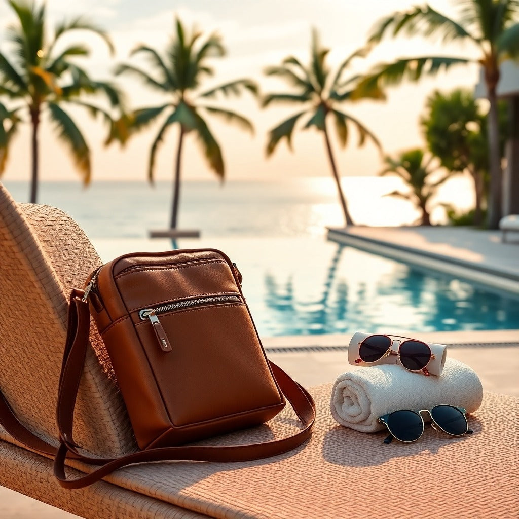 small brown leather sling bag next to sunglasses by a swimming pool