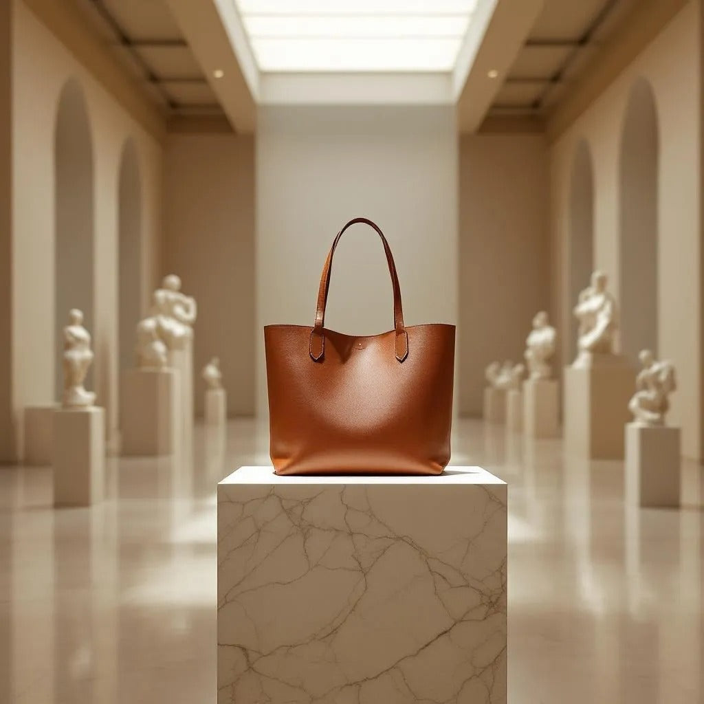 light brown leather tote bag with long handles standing upright