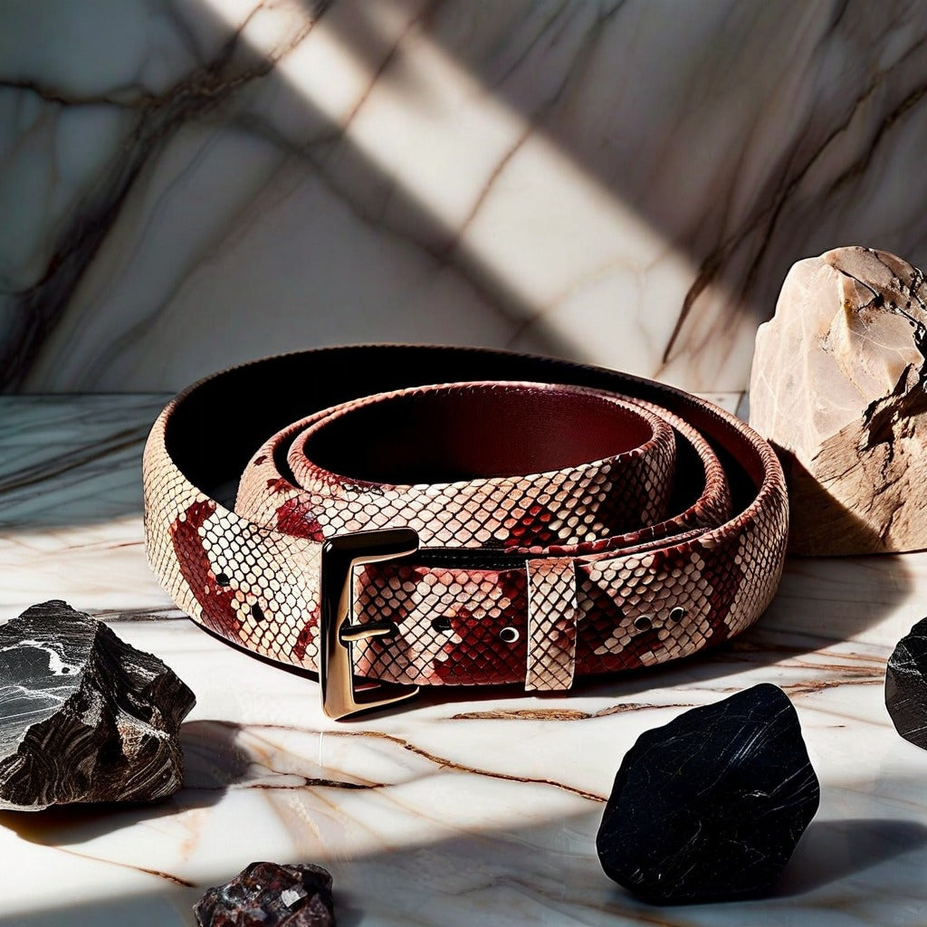 snake leather belt with polished brass buckle on a dark surface