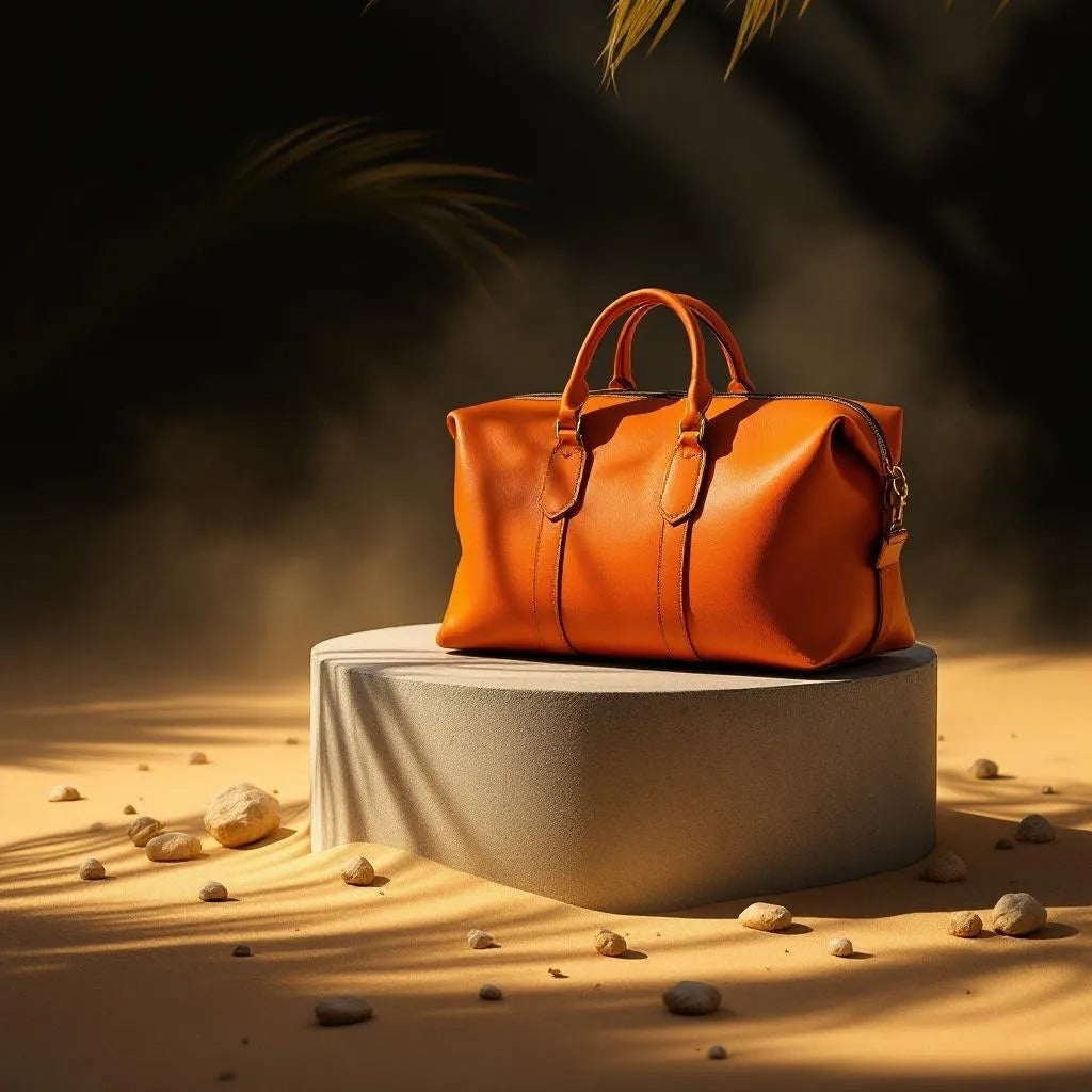 large light orange leather travel bag with a top zipper in a beach