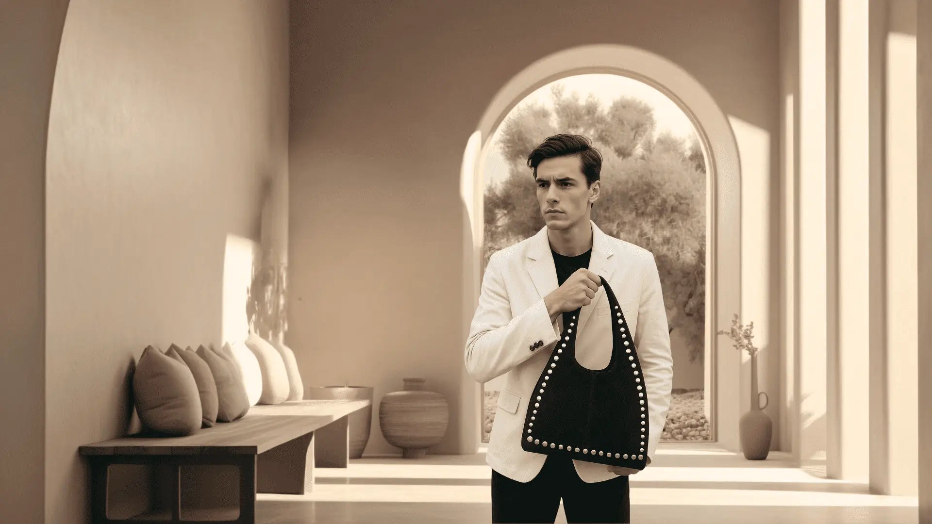 Man holding a grade a leather black bag by nam leather