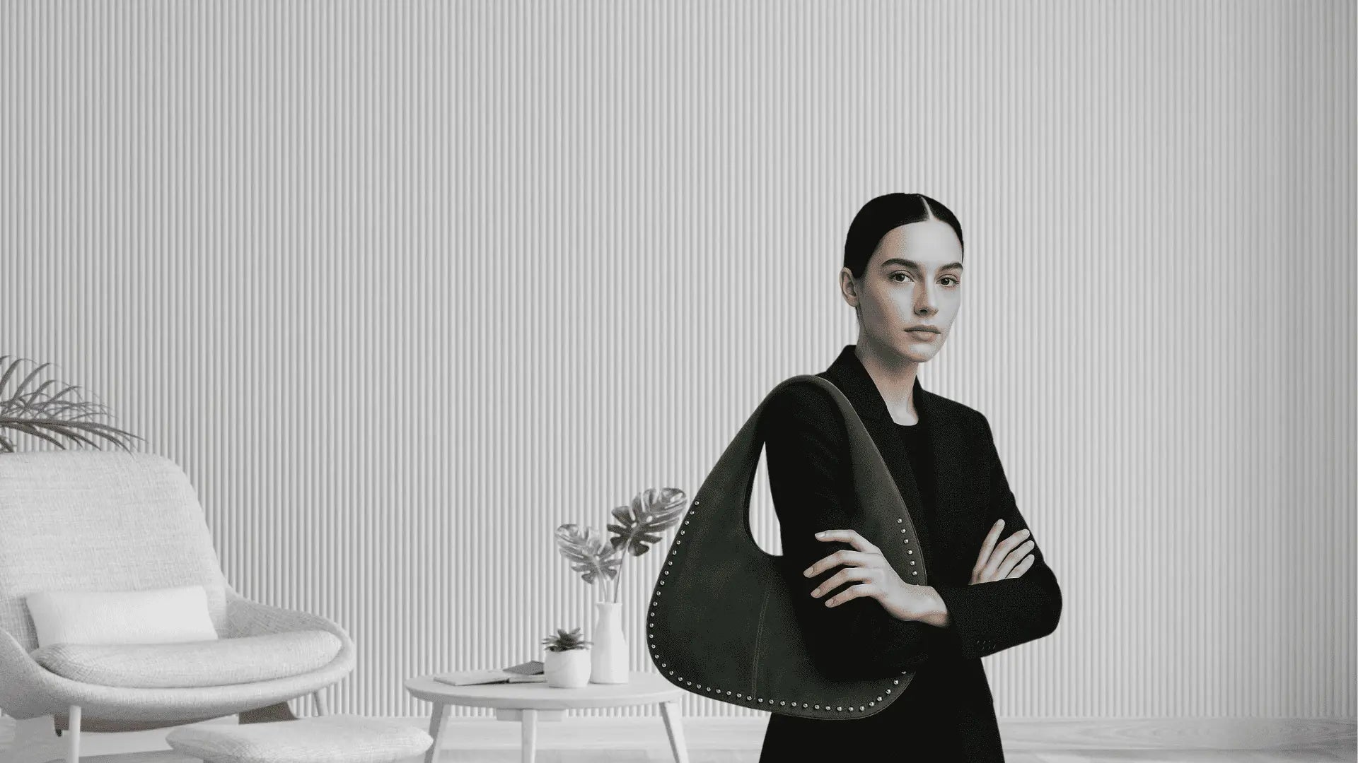 Woman holding leather handbag in a minimalistic room in bali