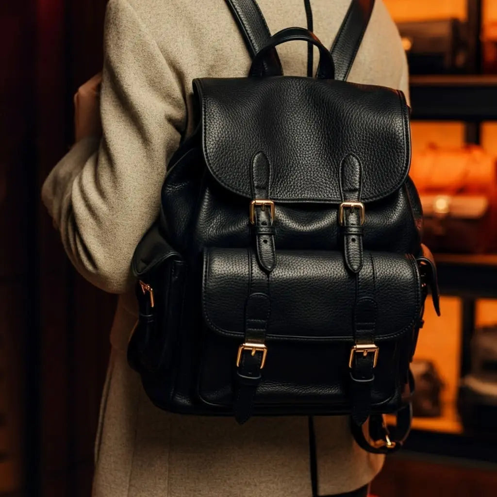 Black leather backpack worn by student on a university of michigan