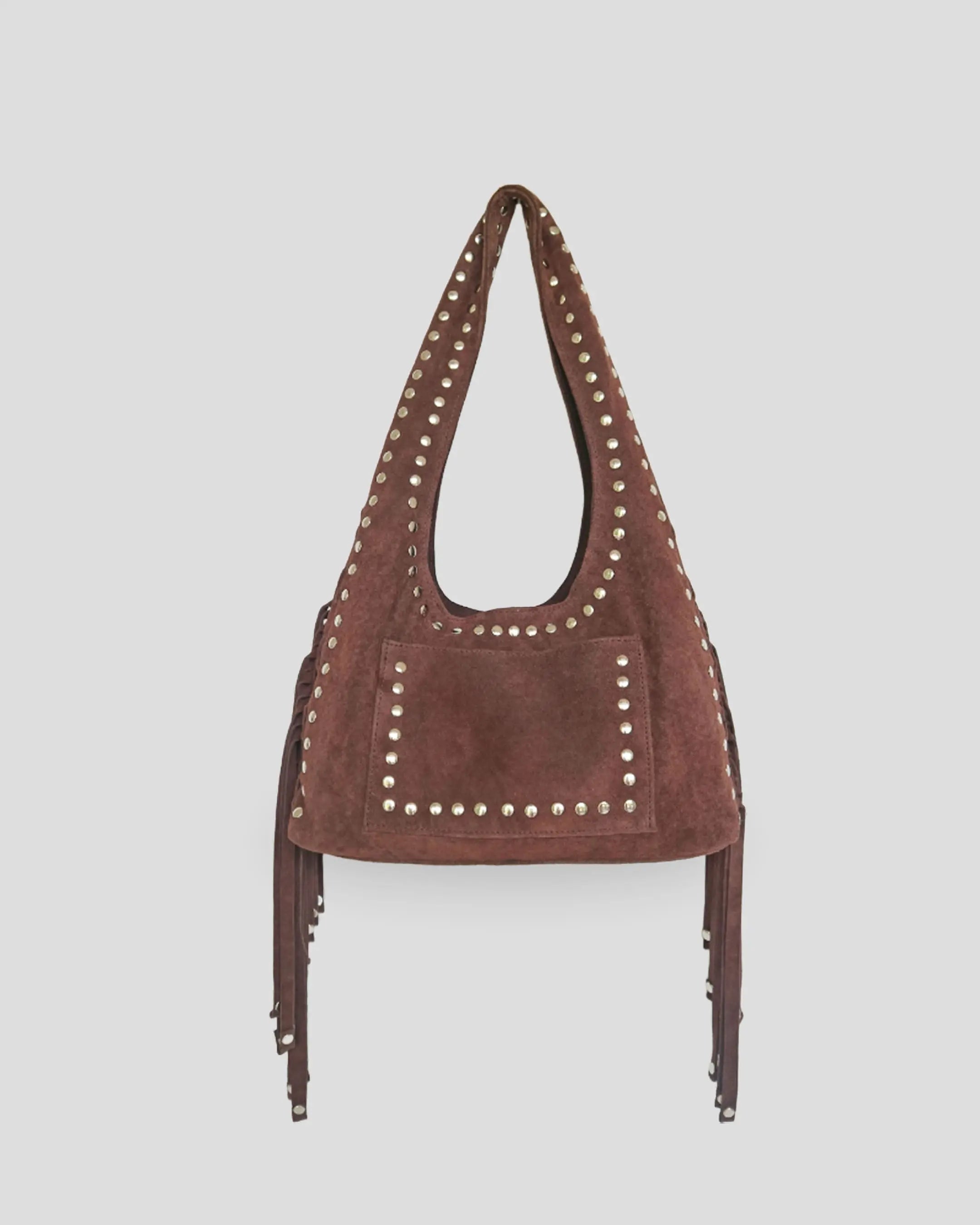 Dark Brown boho shoulder bag ladies with silver studs western style fringe handbag front view