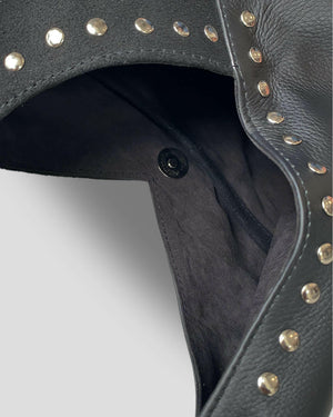 close up detail of mariposa leather bag by nam leather