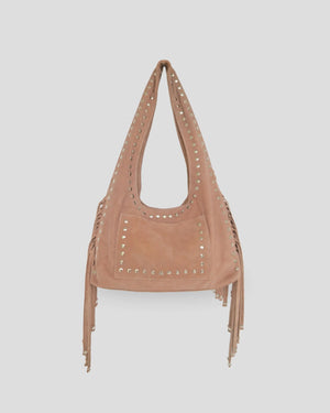 Studded Shoulder Bag Women - Boho Fringe Suede Handbag with Tassels