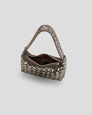 angle photo of brown studded bag