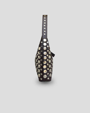 Black bag with silver studs on a light gray background