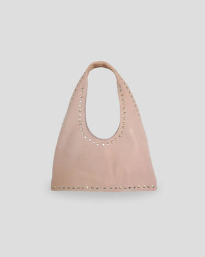 Pink studded shoulder bag women France glossy suede leather metallic studs premium