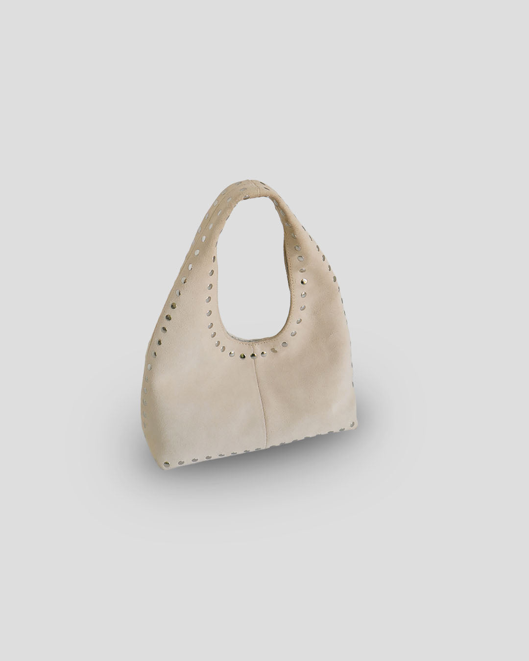 Authentic Balinese leather bag side view showing silver stud details and premium suede texture