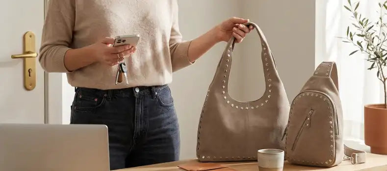 Woman wearing a genuine leather shoulder bag from Namleather while walking in the city, showing comfortable strap fit and premium handmade leather 