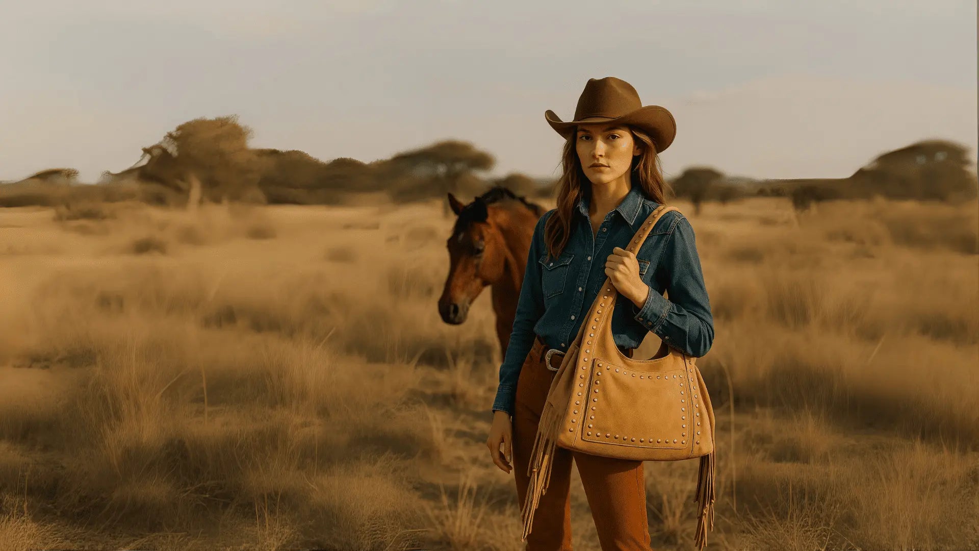 Woman in a cowboy bag by nam leather standing in a field with a horse in aussie.