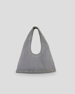 Dark grey studded shoulder bag women Germany premium suede leather metallic accents
