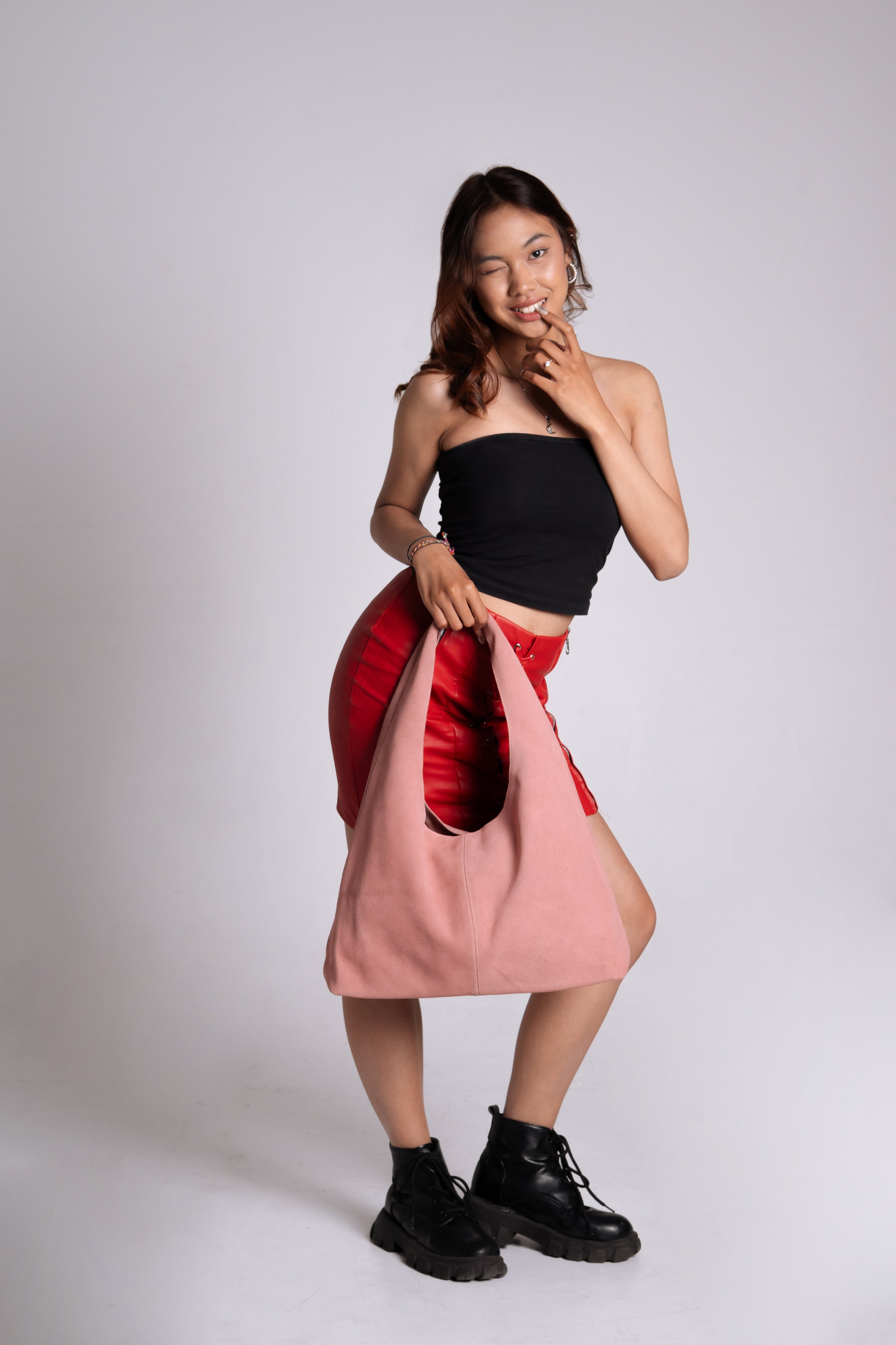 Pink Big Vetta Suede Bag by NAM LEATHER