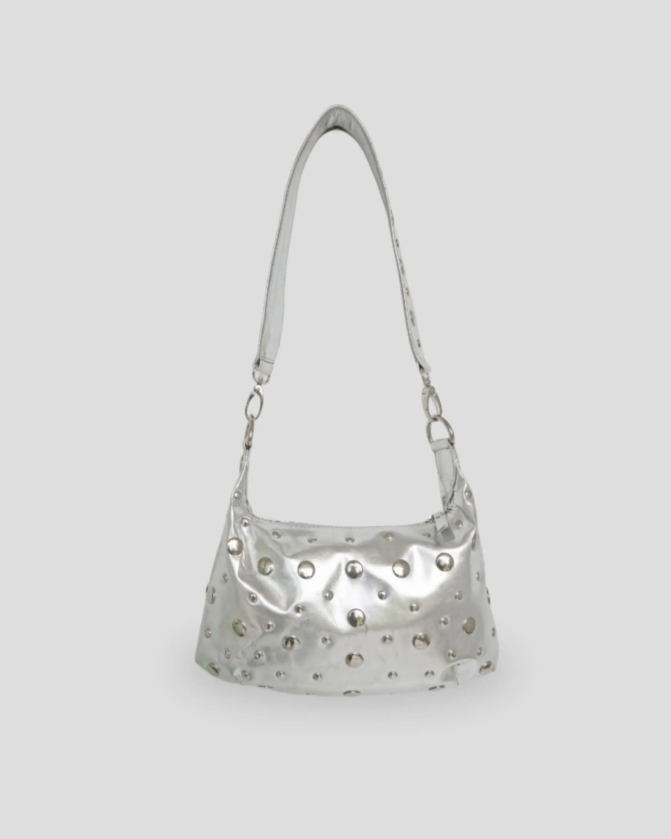 Elizabet silver studded shoulder bag women glamorous leather handbag with artistic stud pattern
