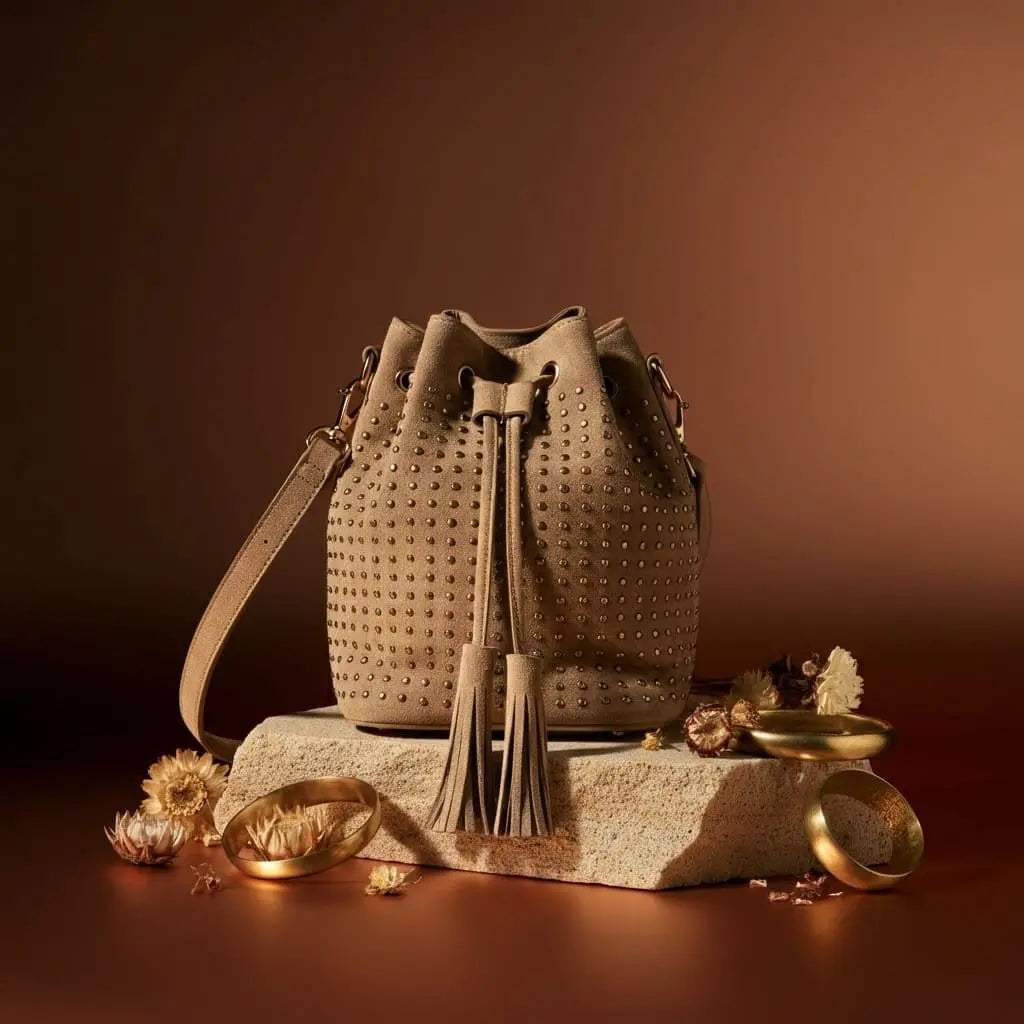 Brown studded handbag with decorative elements on a brown background