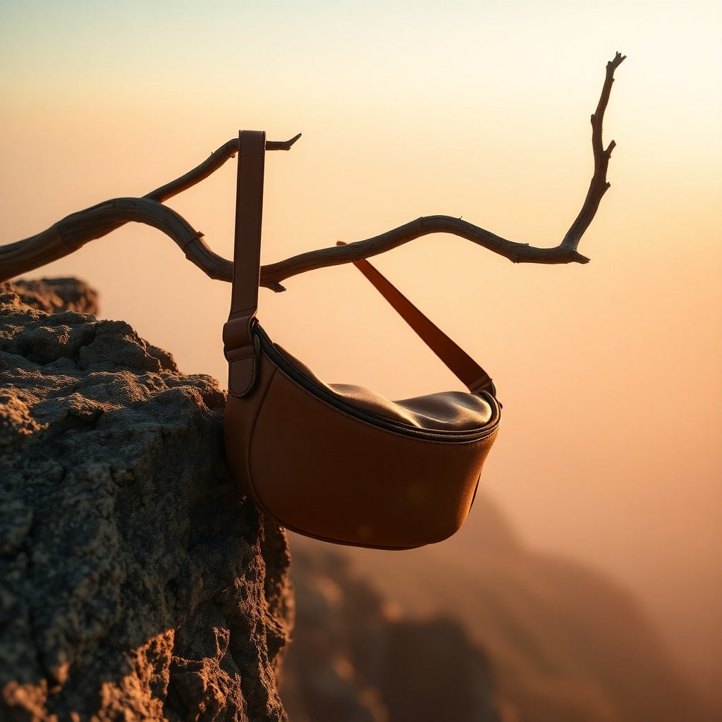 Brown leather waist bag hanging from a branch against a sunset sky