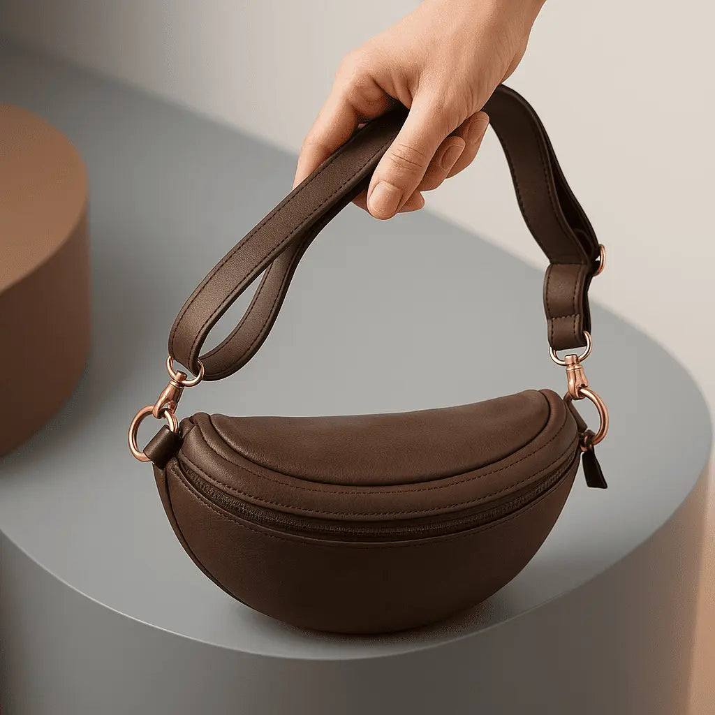 Brown waistbag with a handle held by a hand in australian studio, product by nam leather
